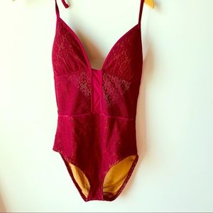 Beautiful Burgundy Halter Lace Overlay Swimsuit